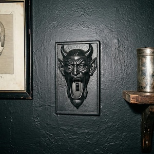 May include: A black, devil-faced light switch cover with a detailed, textured design. The switch is in the open position, revealing a white switch. The cover is mounted on a dark green wall, with a framed picture and a small shelf with a metal container visible.