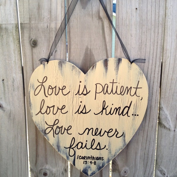 Shabby Chic Black and Dark Cream Heart Wedding Scripture Sign Wooden Bible Verse Wedding Hanger