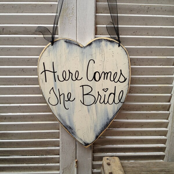 Here Comes The Bride Wedding Sign, Wooden Bride Hanger, Ivory Ring Bearer or Flower Girl Signs