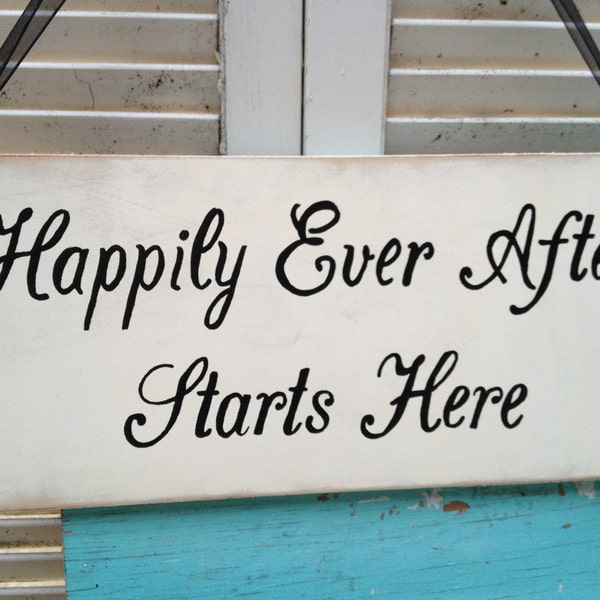 Rustic Ivory and Black Happily Ever After Starts Here Wedding Photo Prop Sign Decor