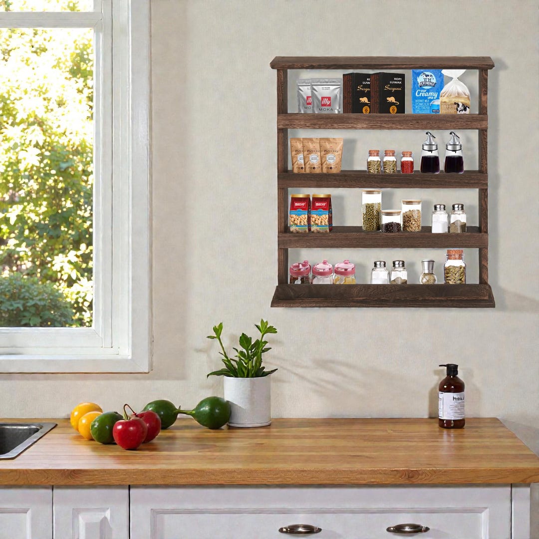 Floating Kitchen Shelf Wall Mounted Wooden Spice Rack Organizer for ...