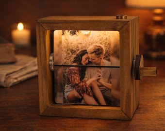 Personalized Wooden Photo Flip Box with Light – Custom Crank Photo Book, Romantic Keepsake, Anniversary & Couple Gift