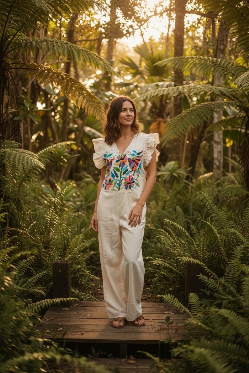 May include: An off-white jumpsuit featuring a V-neckline and ruffled sleeves. The bodice displays a vibrant, multi-coloured floral and bird embroidery pattern in shades of blue, red, green, and yellow. The garment has a fitted waist and wide-leg trousers.