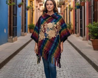 Embroidered handmade poncho embroidered flowers striped Rebozo scarf cold weather, Mexicana Fiesta