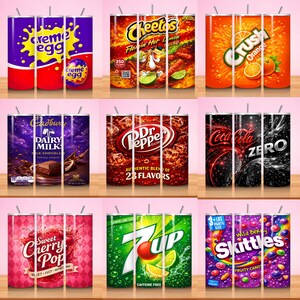 May include: Nine stainless steel tumblers with various designs. The designs include Creme Egg, Cheetos, Crush Orange, Dairy Milk, Dr. Pepper, Coca-Cola Zero, Sweet Cherry Pop, 7 Up, and Skittles. Each tumbler has a silver straw.