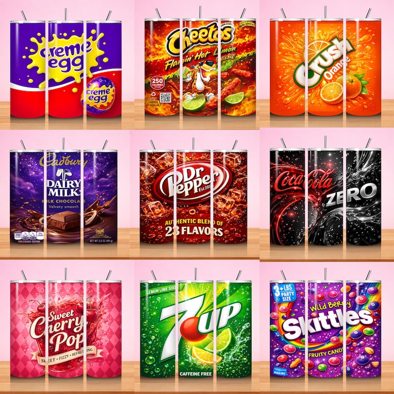May include: Nine stainless steel tumblers with various designs. The designs include Creme Egg, Cheetos, Crush Orange, Dairy Milk, Dr. Pepper, Coca-Cola Zero, Sweet Cherry Pop, 7 Up, and Skittles. Each tumbler has a silver straw.