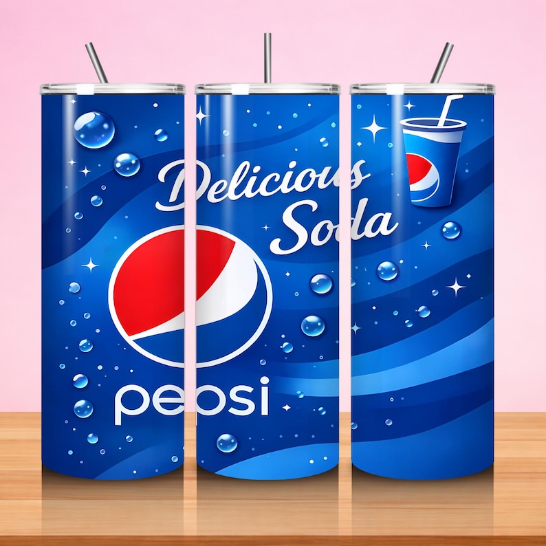 May include: A blue tumbler with a Pepsi design. The tumbler features the Pepsi logo, the words "Delicious Soda," and a design of bubbles and stars. It includes a silver straw and a lid.