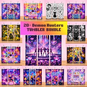 May include: A collection of K-Pop themed tumblers with various designs. Some tumblers feature groups of people, while others have graphic illustrations. The text "K-POP DEMON HUNTERS" and "20+ Demon Hunters TUMBLER BUNDLE" are visible.