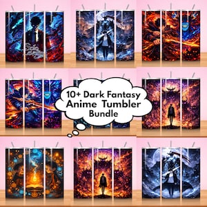 Puede incluir: Un conjunto de diez o más diseños de vasos de anime de fantasía oscura. Cada vaso presenta ilustraciones vibrantes con personajes y escenas en tonos azules, rojos y naranjas. Se muestra el texto "10+ Dark Fantasy Anime Tumbler Bundle".