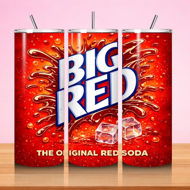 May include: Three red tumblers with the "BIG RED" logo in white and blue. The tumblers feature a design of soda and ice cubes, with the text "THE ORIGINAL RED SODA" at the bottom. Each tumbler has a silver straw.