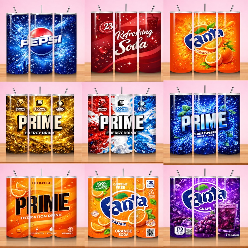 May include: A collection of insulated tumblers featuring popular beverage brands. Designs include Pepsi, Fanta Orange, and Fanta Grape, along with Prime Energy Drink in various flavors. Each tumbler has a straw and vibrant graphics.