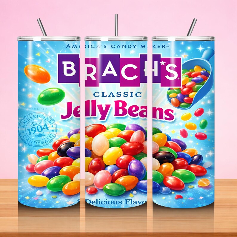 May include: A tumbler featuring a vibrant design with the Brach's Classic Jelly Beans logo. The tumbler has a blue background with scattered jelly beans and the text "America's Candy Maker" and "Since 1904". The tumbler is decorated with a variety of colorful jelly beans.