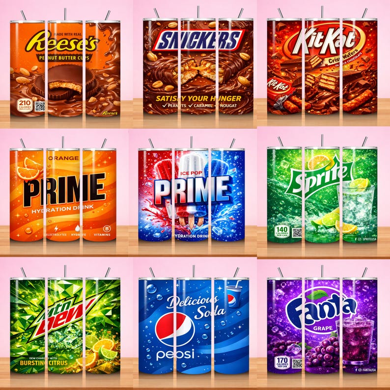 May include: Nine beverage tumblers with various designs. The top row features Reese's Peanut Butter Cups, Snickers, and Kit Kat. The middle row showcases Prime Hydration Drink and Sprite. The bottom row displays Mtn Dew, Pepsi, and Fanta.