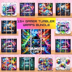May include: A bundle of gamer-themed tumblers with various designs. The tumblers feature vibrant graphics of game controllers, space-themed backgrounds, and the words "Gamer" and "Gamer Life". The text "15+ Gamer Tumbler Wraps Bundle" is also visible.