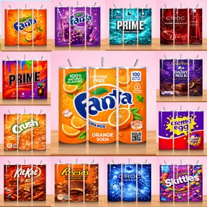 May include: A collection of insulated tumblers featuring various beverage and candy brands. Brands include Fanta, Prime, Crush, Kit Kat, Reese's, Ciroc, and Skittles. The tumblers have a stainless steel straw and are designed to keep drinks cold.