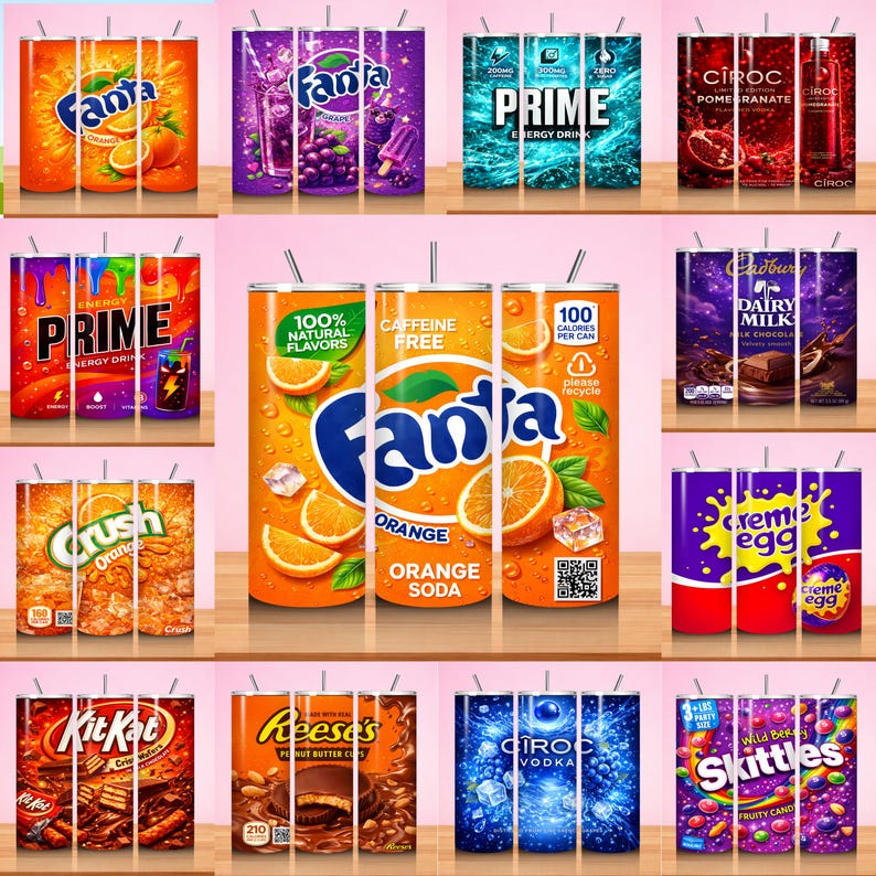 May include: A collection of insulated tumblers featuring various beverage and candy brands. Brands include Fanta, Prime, Crush, Kit Kat, Reese's, Ciroc, and Skittles. The tumblers have a stainless steel straw and are designed to keep drinks cold.
