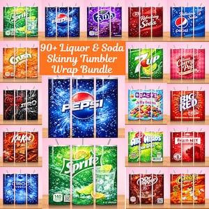 May include: A collection of skinny tumblers featuring various soda and liquor brands. Designs include Pepsi, Sprite, Fanta, 7-Up, Coca-Cola, and others. The tumblers are adorned with vibrant graphics and brand logos, perfect for beverage enthusiasts.