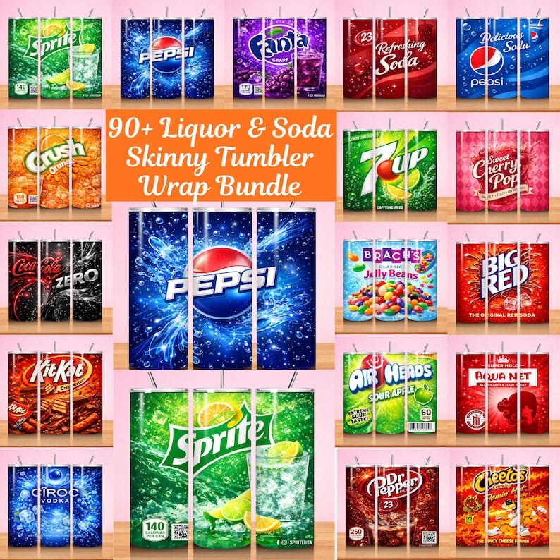 May include: A collection of skinny tumblers featuring various soda and liquor brands. Designs include Pepsi, Sprite, Fanta, 7-Up, Coca-Cola, and others. The tumblers are adorned with vibrant graphics and brand logos, perfect for beverage enthusiasts.