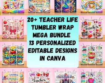 20+ Teacher Tumbler Wrap Bundle | 20oz Skinny Seamless Designs | Teacher Appreciation & Back to School | Personalized Digital Download