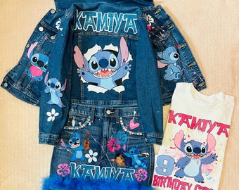 Custom Stitch Denim Birthday Outfit | Personalized Jacket & Skirt Set