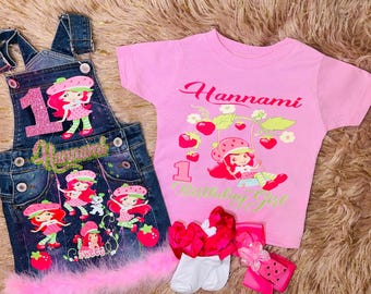 Personalized Strawberry Birthday Outfit, Girls Denim Overall Set, Custom 1st Birthday Shirt