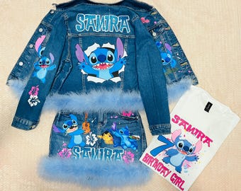 Custom Stitch Denim Birthday Outfit | Personalized Jacket & Skirt Set