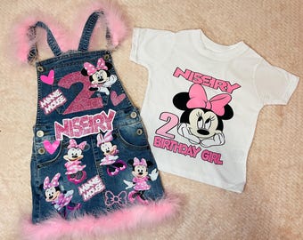 Custom Monnie Birthday Outfit – Personalized Denim Overall Skirt + Birthday Shirt – Pink Customized Jean Dress