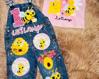 Personalized Little Bee Birthday Outfit – Shirt & Denim Overalls Set