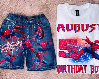 Spiderman Birthday Outfit, Personalized Birthday Boy Shirt & Denim Shorts, Custom Name Superhero Birthday Set