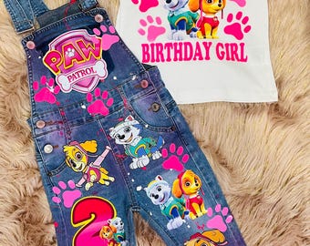 Sky Dog Birthday Girl Outfit – Personalized Denim Overall Set