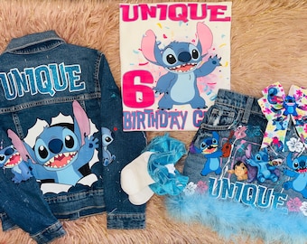 Custom Stitch Birthday Outfit, Personalized Denim Jacket & Skirt, Stitch Birthday Girl Outfit, Custom Name Birthday Set