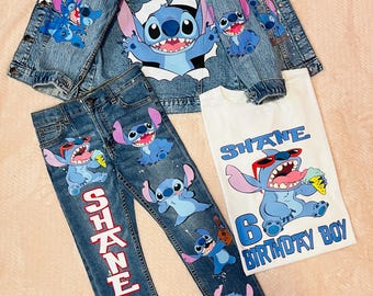 Personalized Stitch Denim Birthday Outfit for Boys | Hand-Decorated