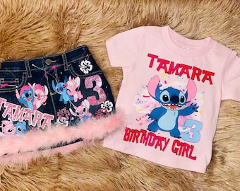 Personalized Stitch Pink Birthday Outfit for Girls • Name & Age Personalized Shirt + Skirt Set