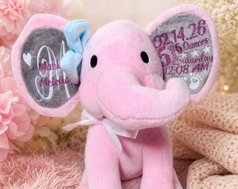 Personalized Pink Elephant Baby Birth Stats Plush | Custom Newborn Keepsake Stuffed Animal