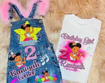 Personalized Gracie’s Corner Birthday Outfit Set - Denim Overalls & Custom Name Shirt