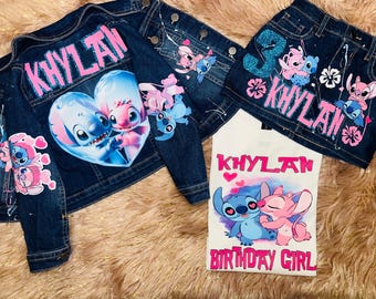 Personalized Stitch Birthday Denim Outfit | Hand-Painted Jacket & Skirt