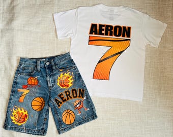 Personalized Basketball Birthday Outfit – Custom Name Shirt & Denim Shorts