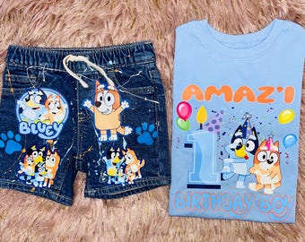 Blue Dog Birthday Outfit Boy – Personalized Shirt & Denim Shorts Set