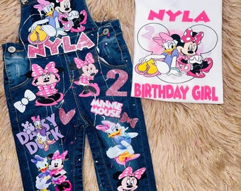Personalized Minnie Mouse Birthday Overalls Outfit, Custom Denim Set