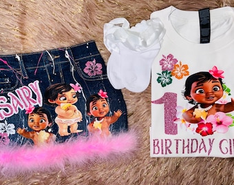 Tropical Birthday Girl Outfit, Island Princess Birthday Set, Personalized  Birthday Shirt, Denim Skirt Outfit, Girls Birthday Gift
