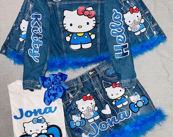 Personalized Blue Kitty Denim Jacket & Skirt Set – Custom Birthday Outfit