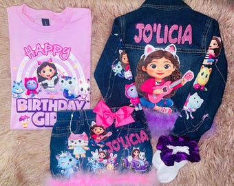 Personalized Dollhouse Birthday Outfit for Girls, Custom Denim Jacket, Birthday Shirt, Jean Shorts, Denim Set