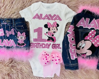 Custom Minnie Denim Jacket and Skirt Set, Personalized Birthday Outfit