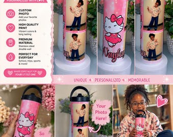 Personalized Kids Tumbler with Photo, Custom Hello Kitty Water Bottle, Name Kids Cup, Stainless Steel Kids Bottle, Back to School Gift