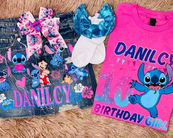 Personalized Stitch Birthday Outfit, Custom Name Denim Skirt Set, Bow, Socks