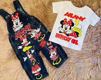 Minnie Mouse Birthday Outfit – Personalized Denim Overalls Set
