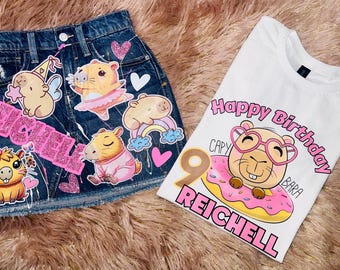 Personalized Capybara Birthday Outfit - Denim Skirt & Shirt Set