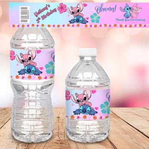 May include: Two clear plastic water bottles with custom labels featuring the characters Stitch and Angel from Lilo & Stitch. The labels have a pink and blue gradient background, floral accents, and text that reads "Yeilany's 5th Birthday" and "Ohana!"