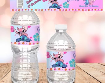 Stitch and Angel Water Bottle Labels | Tropical Birthday Stickers (Set of 5)