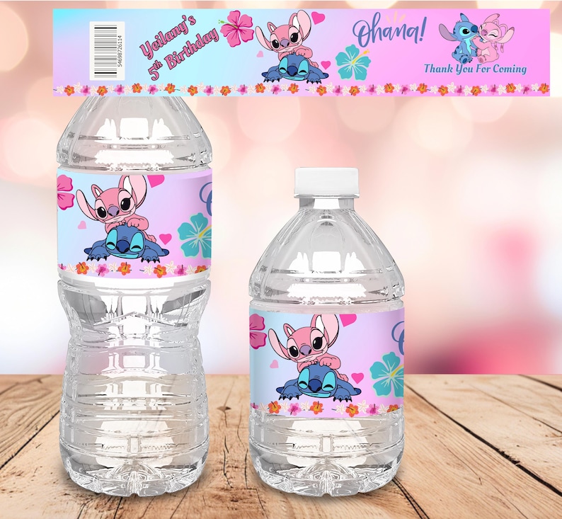 May include: Two clear plastic water bottles with custom labels featuring the characters Stitch and Angel from Lilo & Stitch. The labels have a pink and blue gradient background, floral accents, and text that reads "Yeilany's 5th Birthday" and "Ohana!"